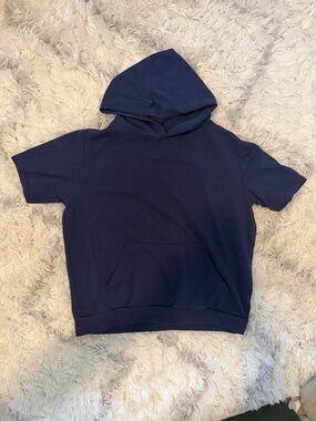 Kids Short-Sleeve Navy Hoodie with Kangaroo Pocket